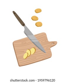 Vector illustration of a knife cuts potatoes on a cutting board, isolated on white. Hand-drawn illustration in flat style.Suitable for illustrating cooking, recipes, healthy eating.