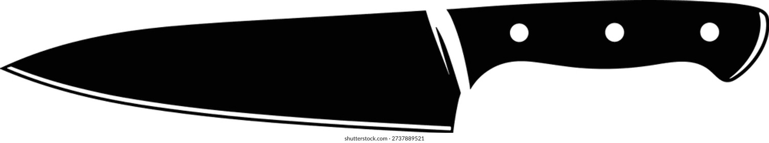 Vector illustration of chef’s knife icon in black-and-white minimalist design symbolizing cooking, kitchen tool, food preparation, and culinary equipment