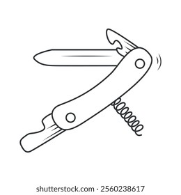 Vector illustration of a knife with multiple tools, including a blade, corkscrew, and bottle opener. Simple black and white sketch, ideal for icons, logos, and outdoor-themed designs.