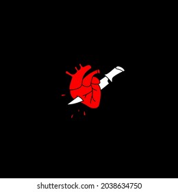 Vector illustration of knife piercing the heart. Horror art on black background.