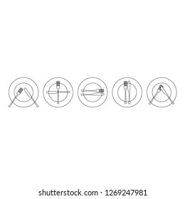 Vector illustration. knife, spoon and plate line icon on white background. Restaurant menu icon. Serving rules.