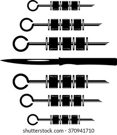 Vector Illustration knife,of shish kebab on skewers on white background.