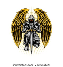 Vector illustration of a knight angel with golden wings kneeling holding sword