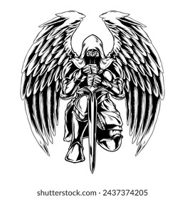 Vector illustration of a knight angel with wings kneeling holding sword