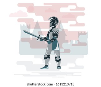 Vector illustration with a knight in armor with a sword on a background of a medieval castle and abstract stripes. Flat design on a white background.
