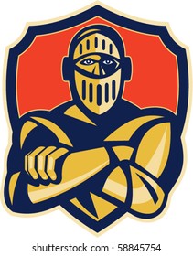 vector illustration of a knight with arms crossed with shield in background