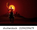 Vector illustration of a knight bearing a flag at night during full moon
