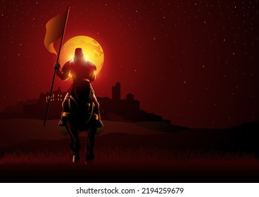 Vector illustration of a knight bearing a flag at night during full moon