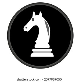 Vector illustration of knight in chess icon. White chess knight icon on black circle background.