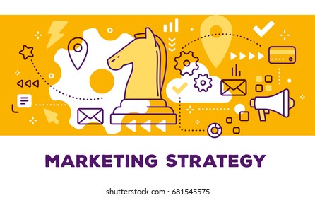 Vector illustration of knight chess piece, megaphone and icons. Marketing strategy concept on yellow background with title. Thin line art flat style design for web, site, banner, business presentation