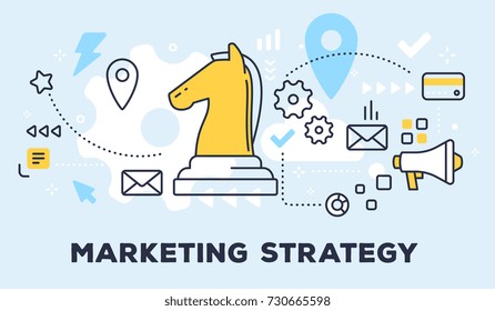 Vector illustration of knight chess piece, megaphone and icons. Marketing strategy concept on blue background with title. Thin line art flat style design for web, site, banner, business presentation