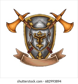 vector illustration of knight crest with helmet shield axes and ribbon 