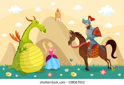 vector illustration of a knight, dragon and princess