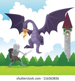 A vector illustration of a knight fighting a dragon to save a princess