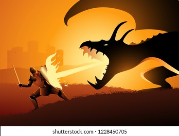 Vector illustration of a knight fighting a dragon. Risk, courage, leadership concept