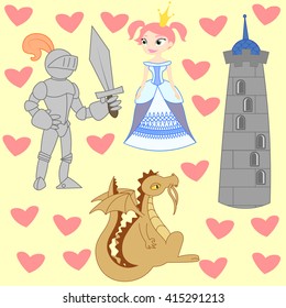 Vector illustration of a Knight Fighting a Dragon. Fabulous set. Princess, Knight, dragon and tower. Cartoon and vector. 