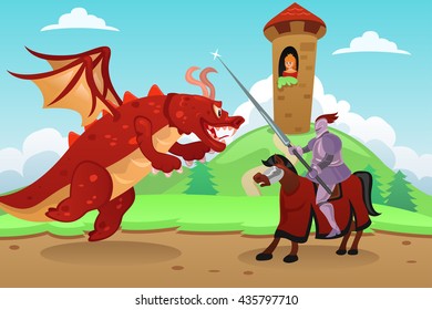 A vector illustration of knight fighting a dragon to save princess