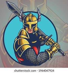 Vector illustration of knight holding broad sword