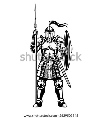 Vector illustration of a knight holding spear and shield
