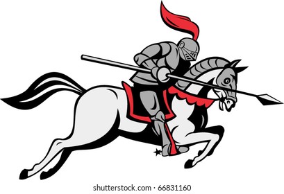 vector illustration of knight with lance riding horse isolated on white