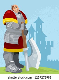 Vector illustration of a knight on a castle background