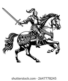 Ilustração vetorial de um cavaleiro em uma espada puxada a cavalo