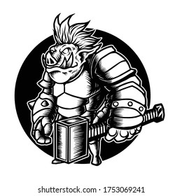 Vector illustration of an Knight Pig Hog with Axes, Hammer on the White background. For mascot logo sport design in modern illustration. Separate layer and editable. For t-shirt (BLACK-WHITE VERSION)
