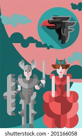 Vector illustration of a knight, princess, griffin. Flat.