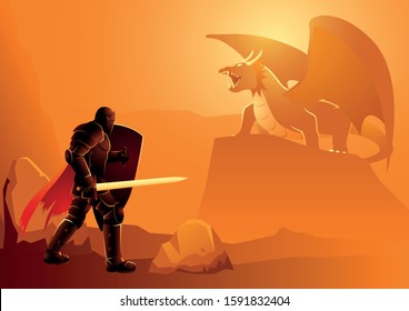 Vector illustration of a knight ready to fight dragon in it’s lair
