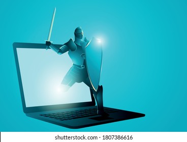 Vector illustration of a knight with shield and sword appearing from laptop screen. Anti virus, protection, computer security concept