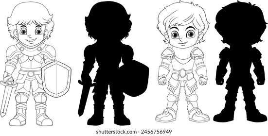 Vector illustration of knight and their silhouettes.