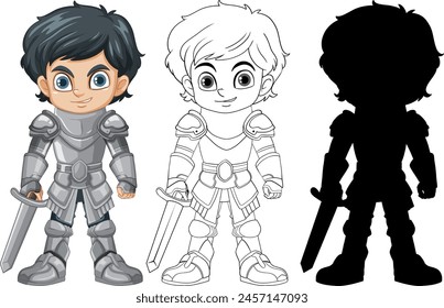 Vector illustration of knight in three design stages.