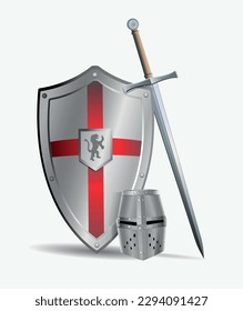 El armamento del caballero de la ilustración vectorial. Escudo, casco y espada sobre fondo blanco