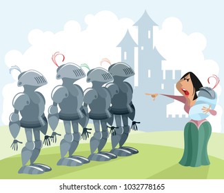 Vector illustration of knights and woman with baby