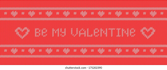 Vector illustration of knitted background with text "be my valentine"