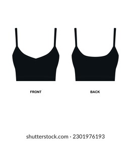 Ilustración vectorial de una camiseta negra de punto con correas delgadas. Plantilla delgada para camisetas con un cuello profundo, hecha de tela tendida. Esquema Dibujo de un tanque femenino con correas, frontal y posterior v