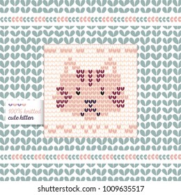 Vector illustration with knitted cat on seamless knitted background with label.