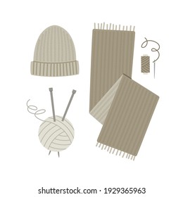 Vector illustration of knitted clothes. Knitted hat, scarf, yarn for knitting and knitting, and thread with a needle. Hand-drawn illustration  in flat style isolated on white. Knitting hobby concept.