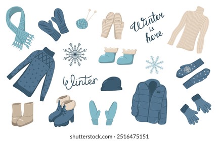 Vector illustration of knitted clothes and warm shoes with snowflakes in blue shades. Set of warm clothes for cold season. Winter sale concept. Image of winter accessories.