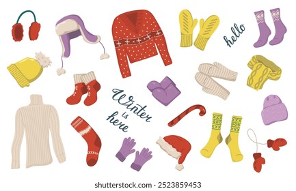 Vector illustration of knitted clothes and warm shoes. Set of warm clothes for cold season. Winter sale concept. Image of winter accessories.
