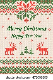 Vector illustration Knitted Greeting card to X-mas party. Merry Christmas & Happy New Year. Knitting abstract background pattern with text and scandinavian ornaments. White,red,green colors.Flat style