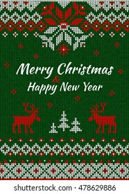 Vector illustration  Knitted Greeting card or Invitation to  X-mas party. Merry Christmas & Happy New Year. Abstract background pattern text scandinavian ornaments. White, red, green colors.Flat style