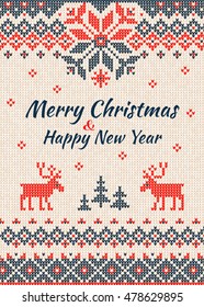 Vector illustration  Knitted Greeting card or Invitation to  X-mas party. Merry Christmas & Happy New Year. Abstract background pattern text scandinavian ornaments. White, red, blue colors. Flat style