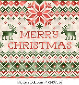 Vector illustration Knitted Greeting Card Merry Christmas X-mas party.Handmade knitting abstract background pattern, deers, scandinavian ornaments. White, red, green colors. Flat style