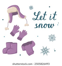 Vector illustration of a knitted hat with gloves and a scarf with boots. Set of warm clothes in the cold season. Concept of winter fashion. Image of winter accessories with snowflakes.