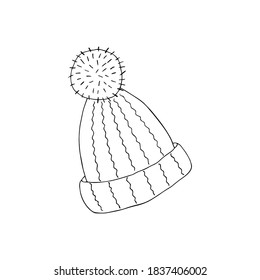 Vector illustration of a knitted hat. The headpiece is hand drawn. Winter clothing in black ink outline. A thing for cold weather, walks in Christmas, sports. Design for cards, icons.