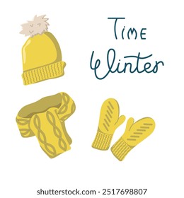 Vector illustration of a knitted hat, mittens and scarf. Set of warm clothes in the cold season. Concept of winter fashion. Image of winter accessories.