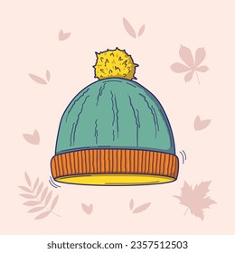 Vector illustration of knitted hat with pompom in doodle style isolated on a light background with autumn leaves