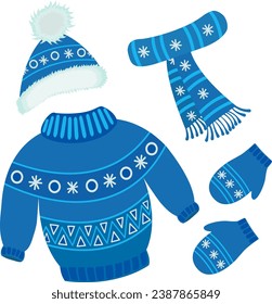 Vector illustration of a knitted hat, scarf and mittens with a decorative pattern on them, isolated in the background. Traditional Christmas clothes for the head, arms and neck