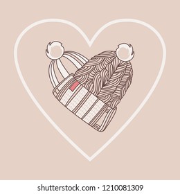Vector illustration of Knitted hats with heart. Valentine card, logo or Christmas card.